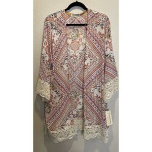 Rewind Womens XXL Kimono Cardigan Pink Paisley Floral Crochet Lace NEW Boho Chic